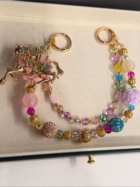 Multicolor Beaded Pegasus Charm Bag Chain - Gold Tone